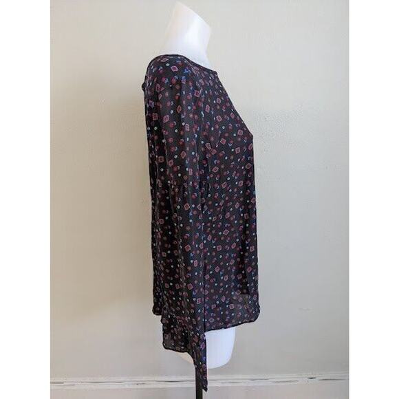 New Loft Small Bell Sleeve Blouse Black Geometric Print Tie Back Crew Neck NWT - Picture 6 of 11